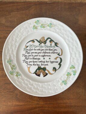 Belleek Marriage Blessing Plate Shamrock Design Ireland Pottery Vintage 8 3/4"